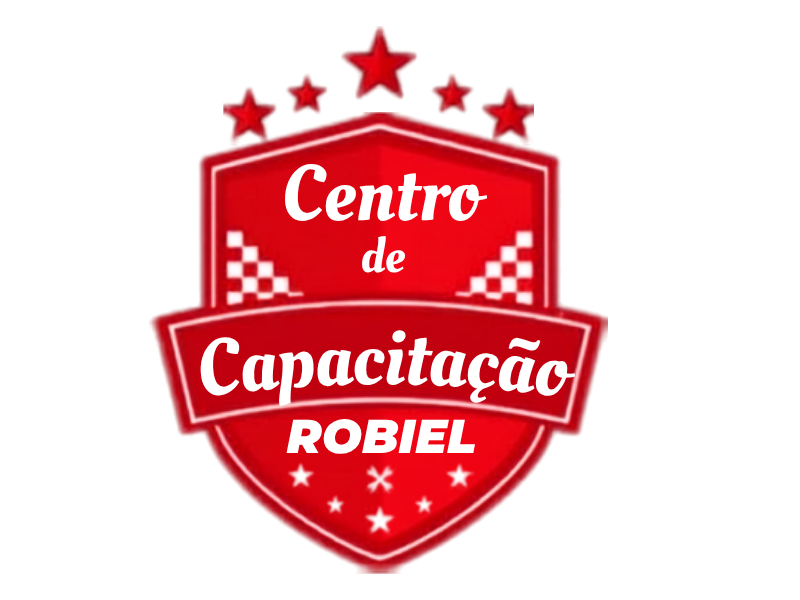 Logotipo do Centro de Capacitação ROBIEL, escudo vermelho com estrelas, faixas quadriculadas e as palavras Centro de Capacitação Robiel em tipografia bold branca